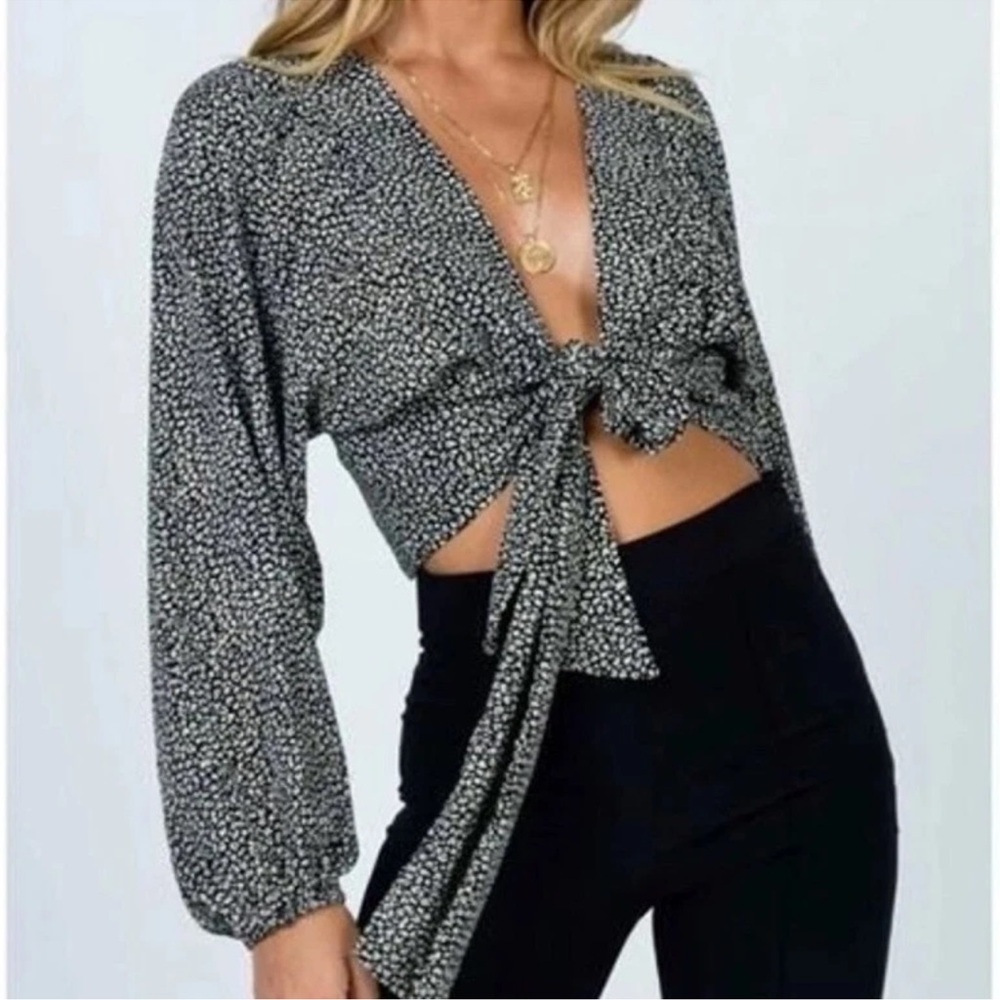 Princess Polly Green and White Patterned Wrap Blouse